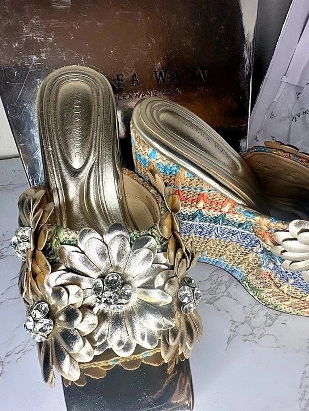 Azalea Wang Barossa Gold Floral Platform Wedge Sandal US 7